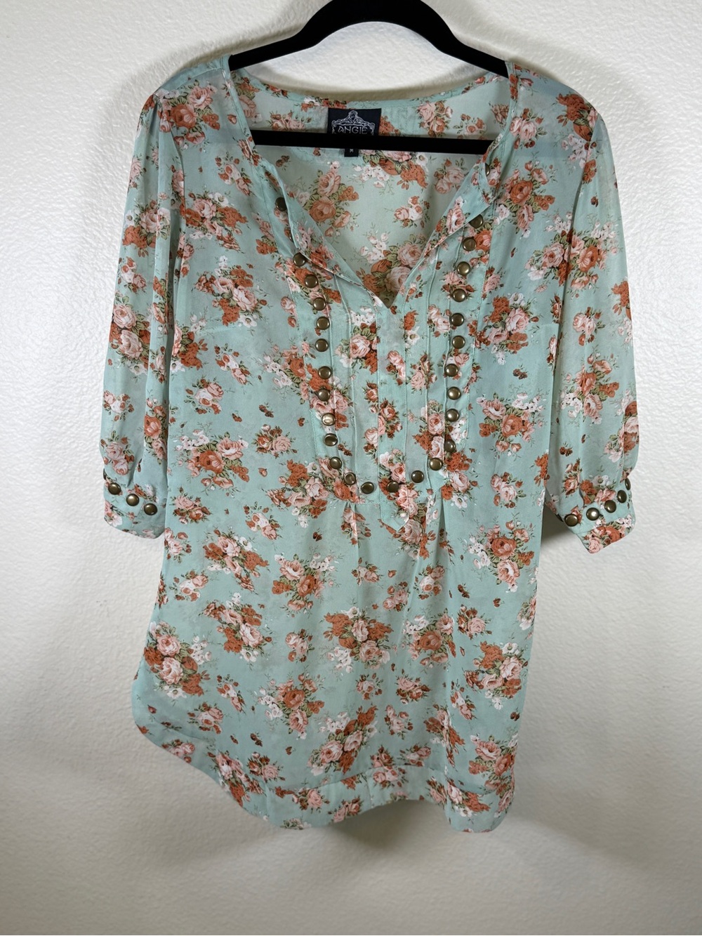 Angie Mint Green Floral V-Neck Tunic with Stud Trim